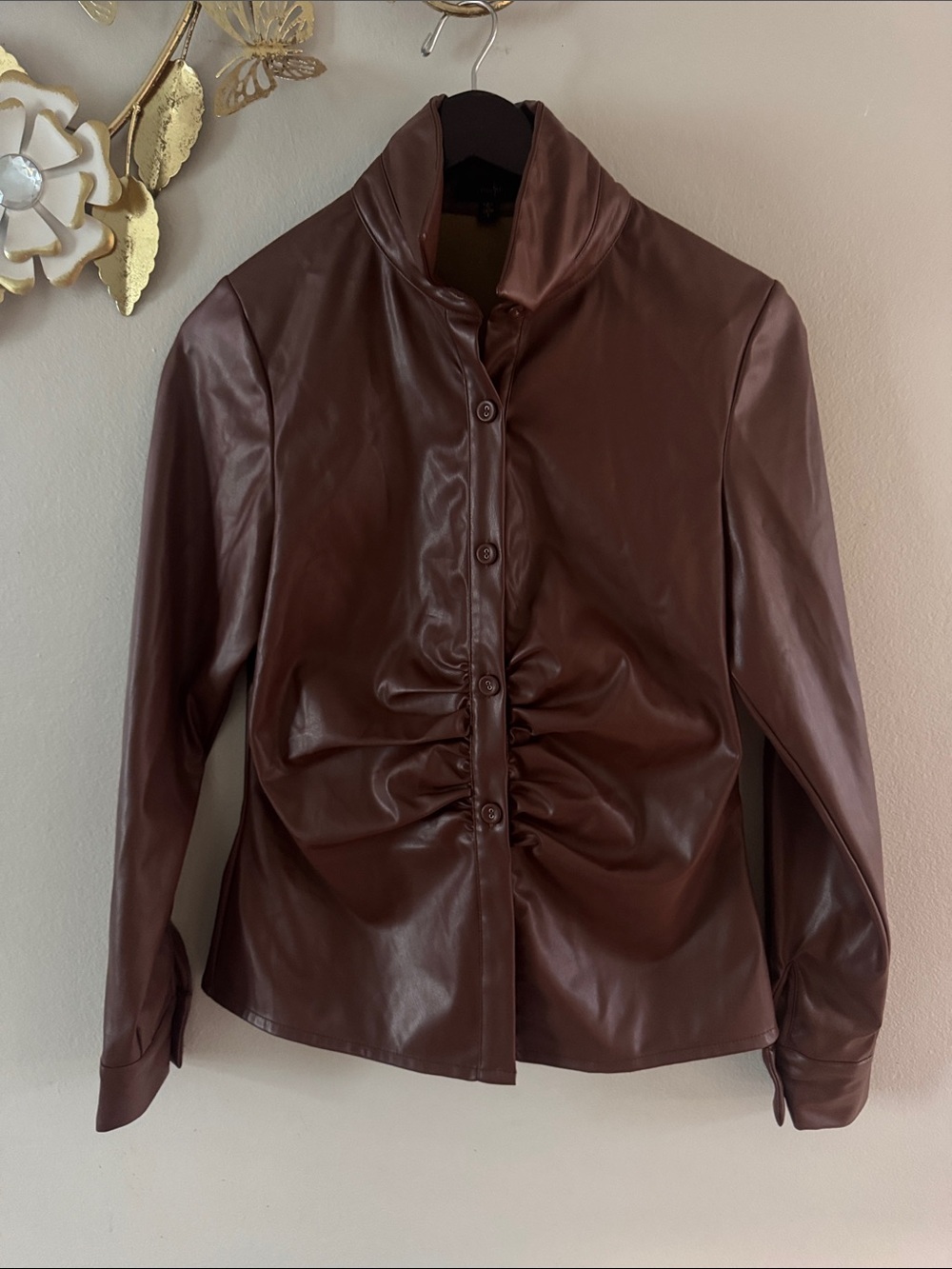 Ruched Faux Leather Jacket in Deep Brown
